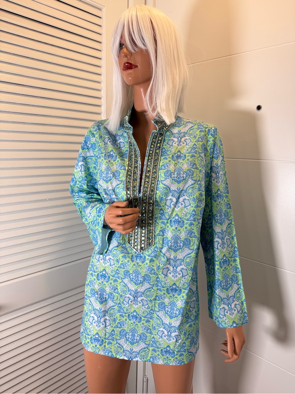 Beaded V-Neck Tunic in Blue-Green Floral